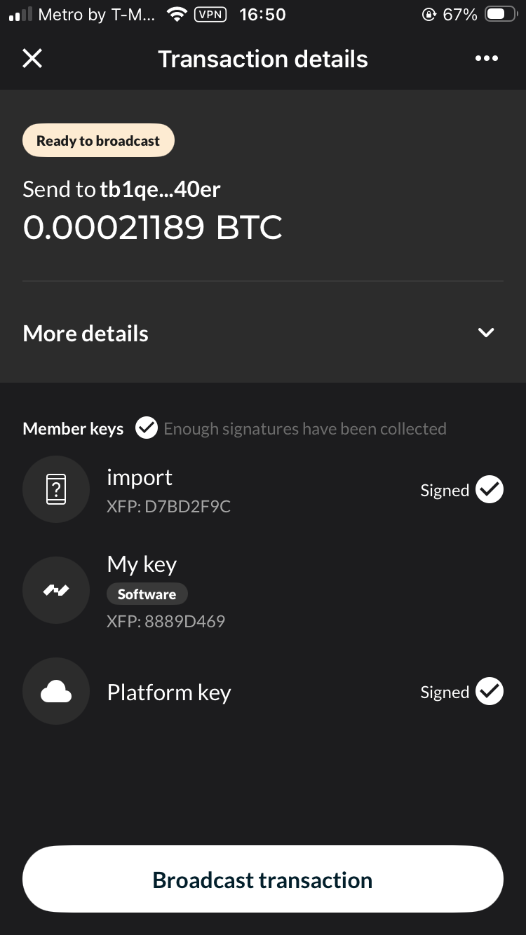 Nunchuk mobile app showing an under-limit transaction ready to broadcast, with the agent key and platform key already co-signed.