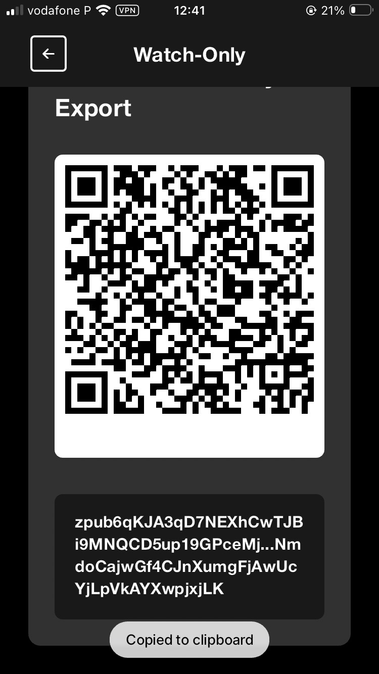 AQUA Bitcoin watch-only export showing the zpub string and QR code