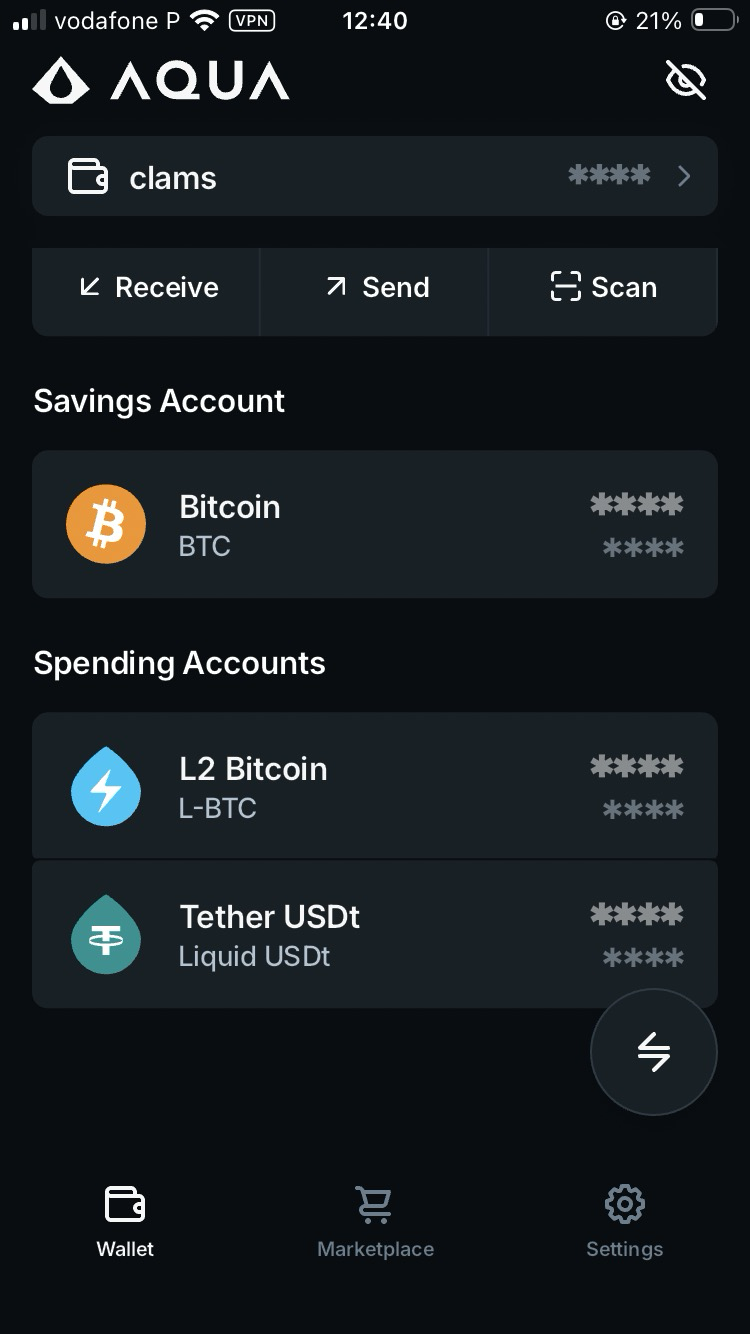 AQUA wallet home screen showing Bitcoin, L-BTC, and Tether USDt balances