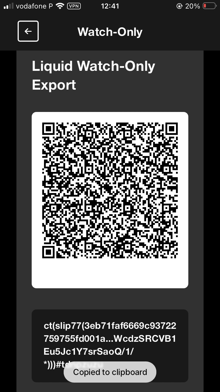 AQUA Liquid watch-only export showing the ct() descriptor strings and QR code