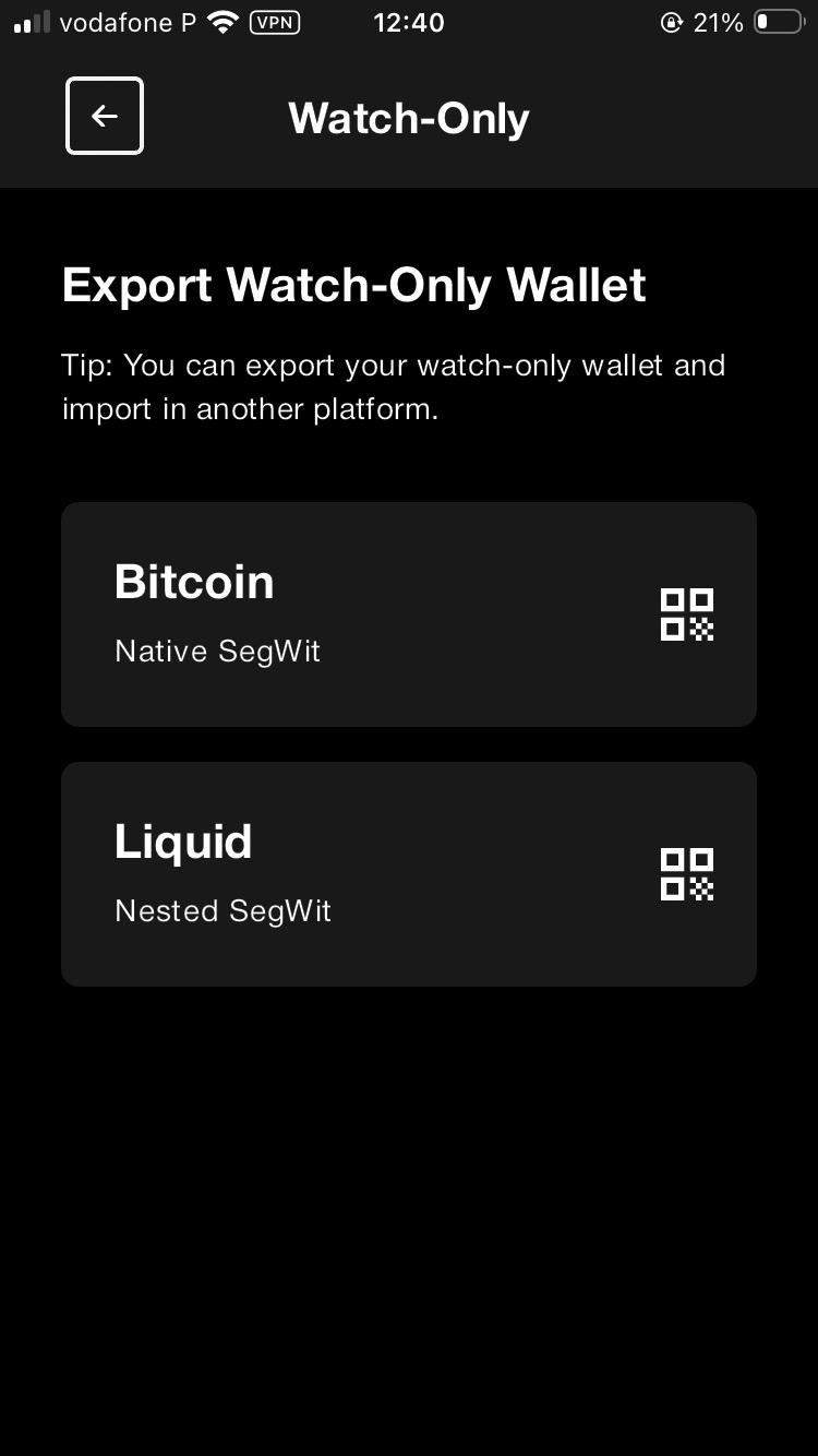 AQUA Export Watch-Only Wallet screen with Bitcoin Native SegWit and Liquid Nested SegWit options