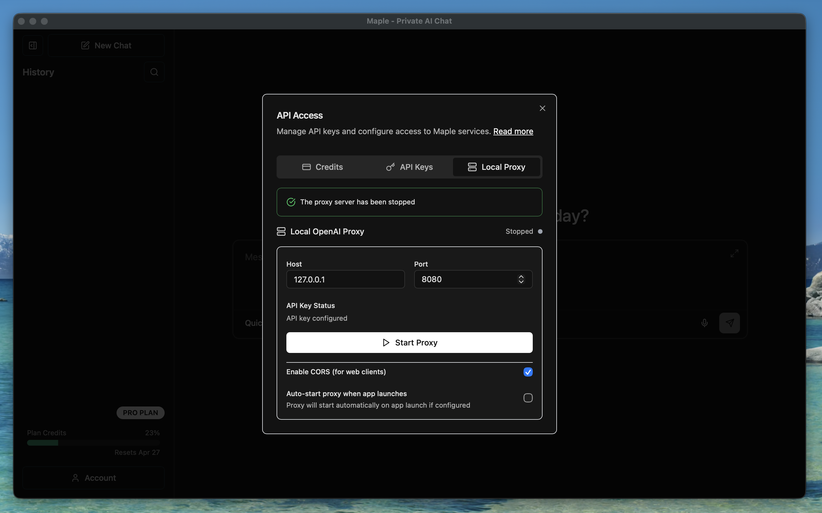 Maple AI Desktop Local Proxy tab