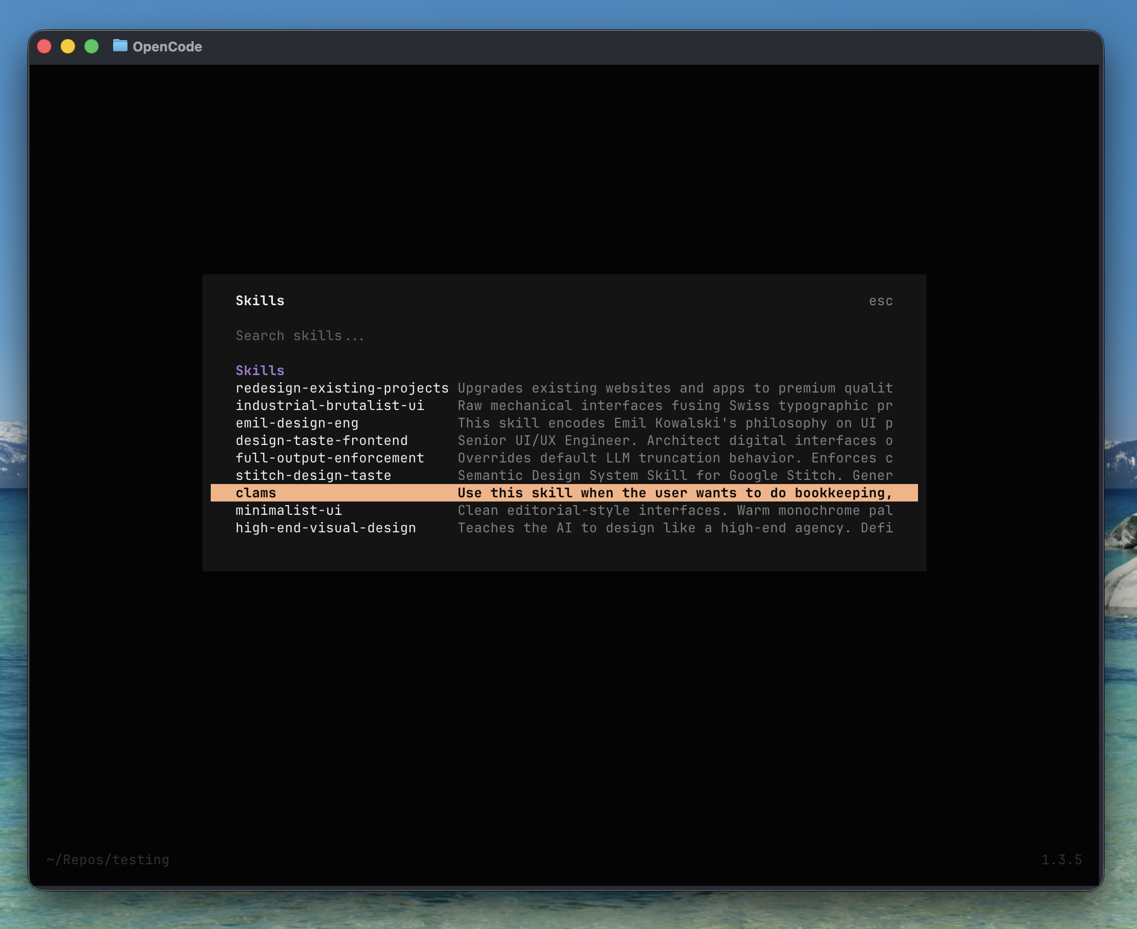 Opencode skills selection