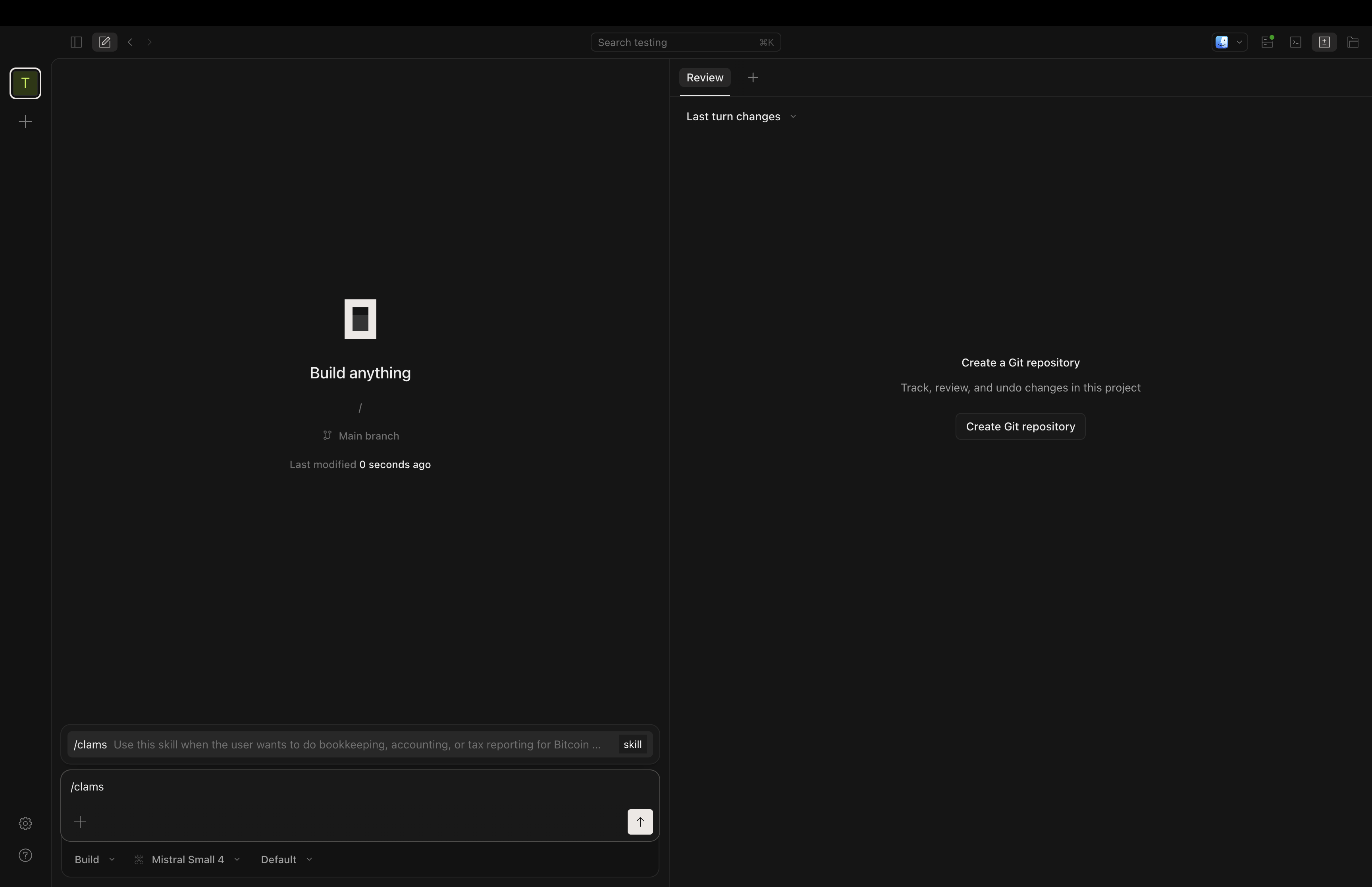 Opencode chat input with /clams typed and the clams skill suggestion appearing above the input