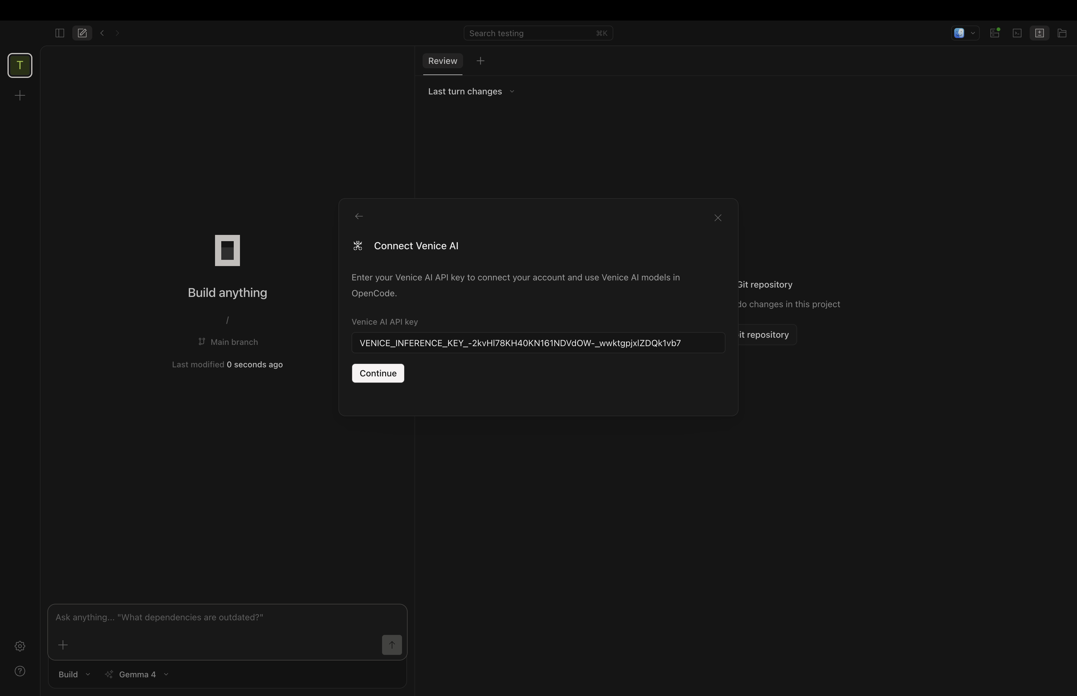 Opencode Connect Venice AI dialog with the Venice AI API key field filled in and a Continue button