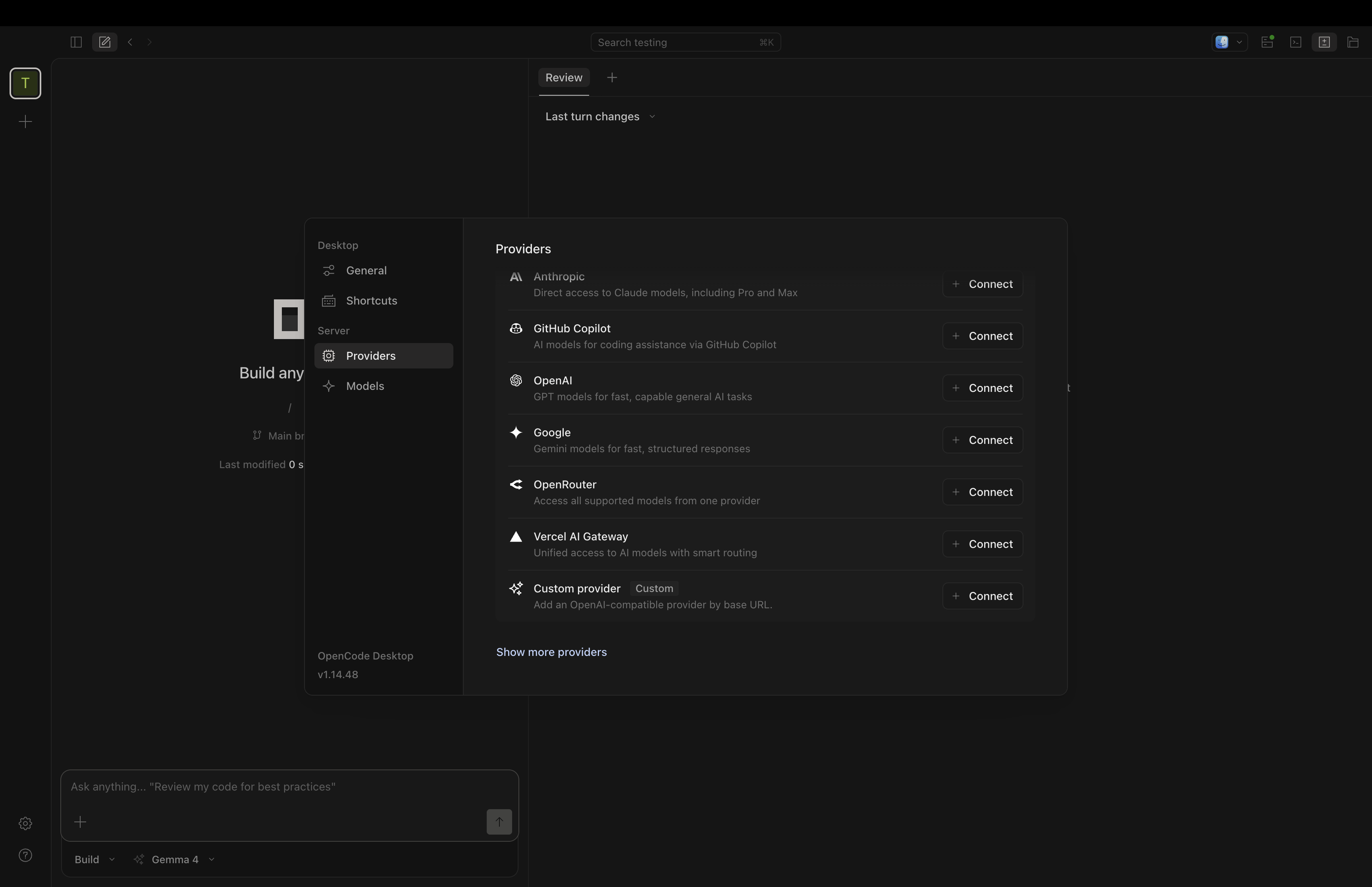 Opencode Desktop Settings Providers panel showing built-in providers and a Show more providers link at the bottom