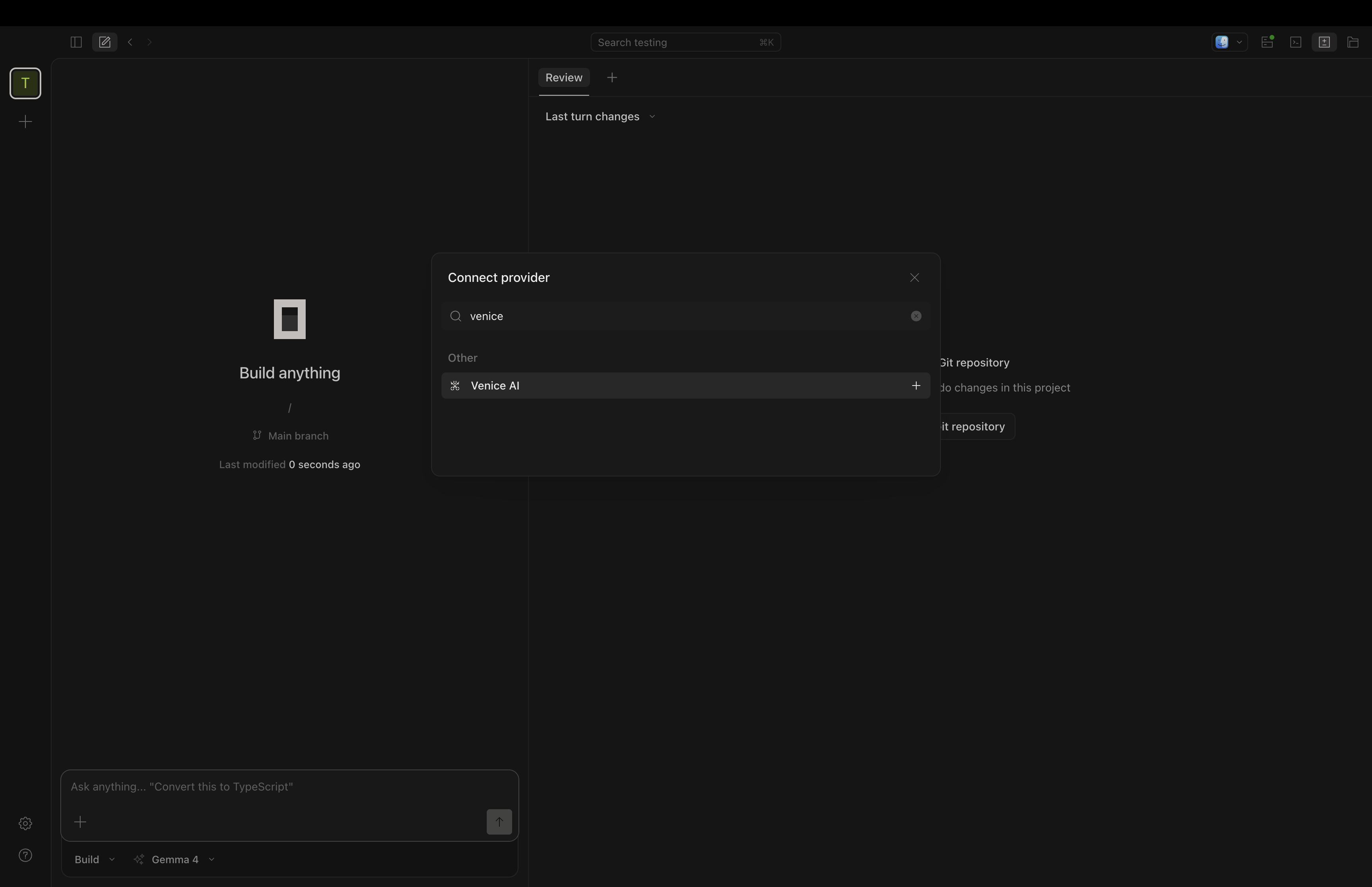 Opencode Connect provider dialog with venice typed into the search bar and the Venice AI option listed under Other