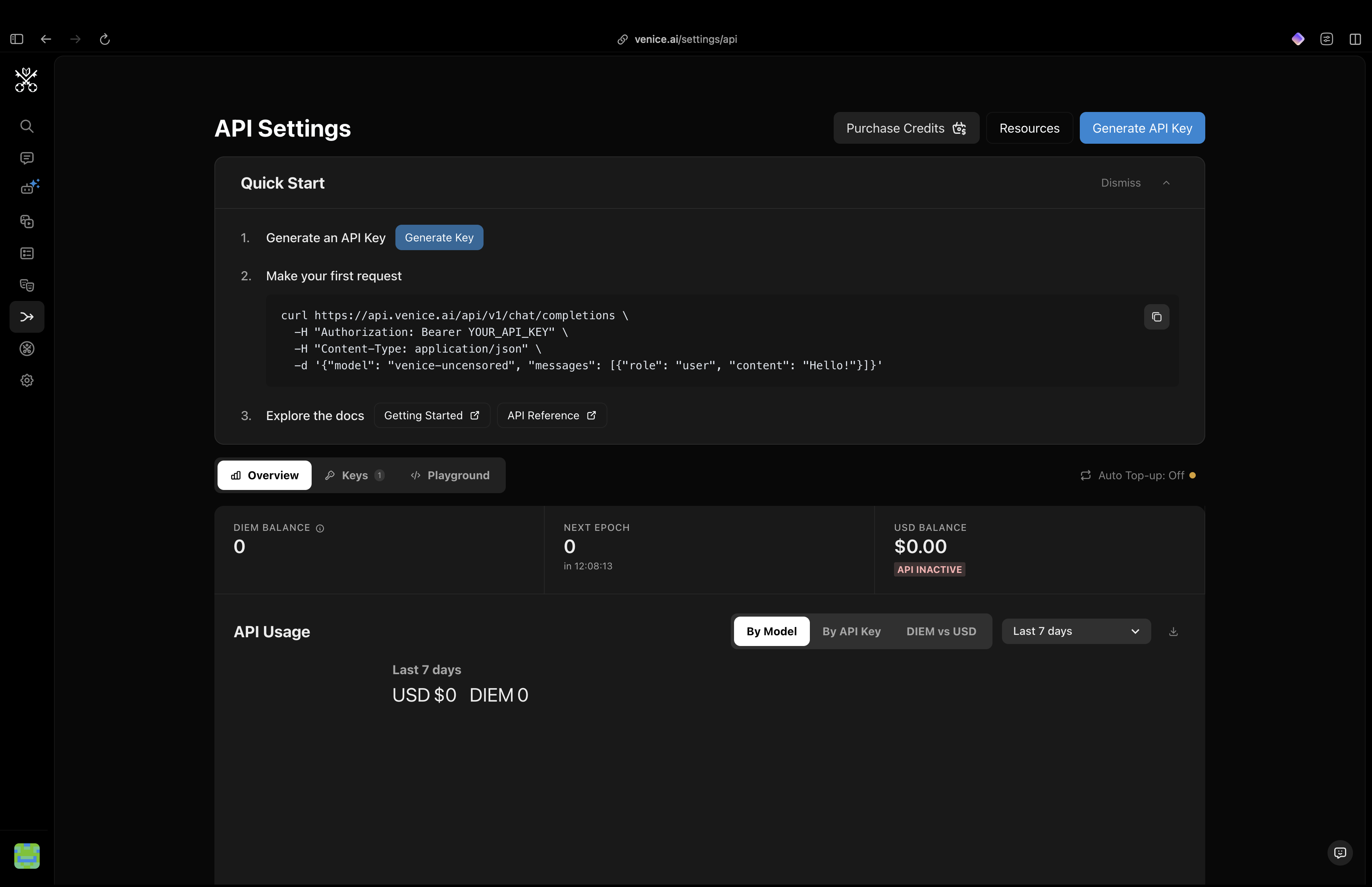 Venice AI API Settings page with Generate API Key button in the top right