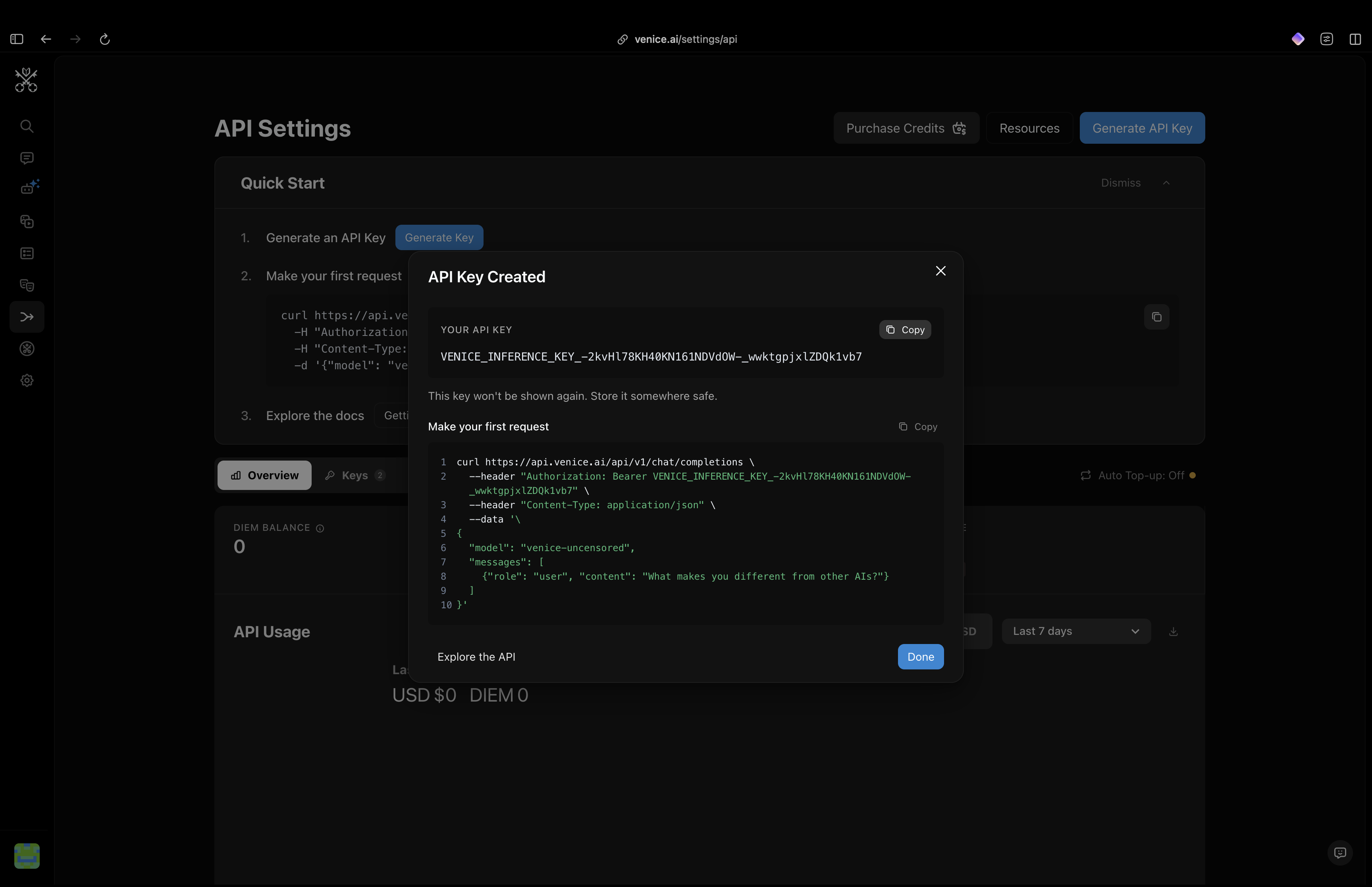 Venice API Key Created modal showing the generated key with a copy button, displayed only once