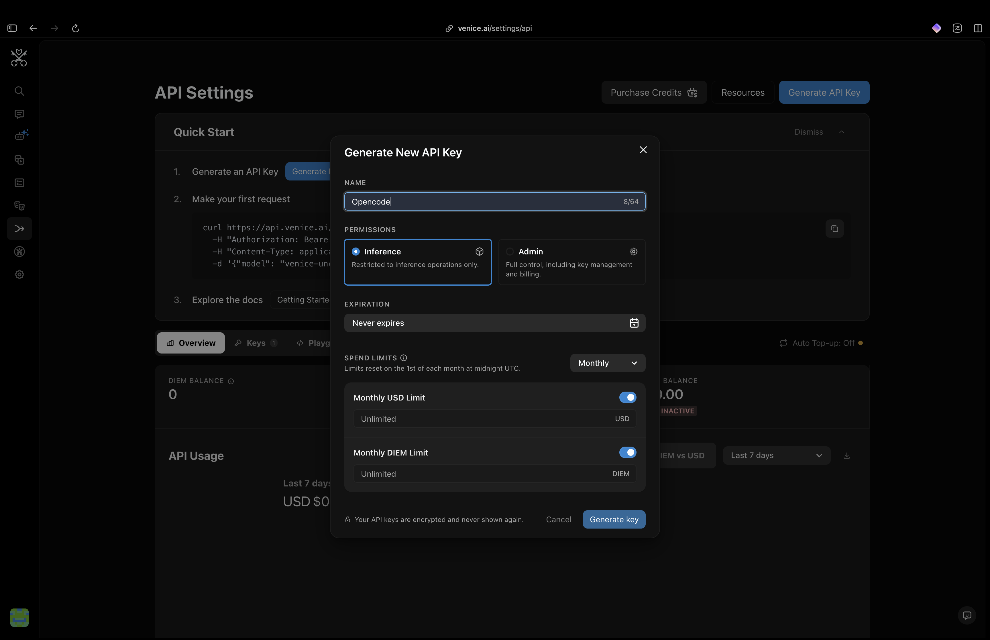 Venice Generate New API Key modal with the name field set to Opencode and Inference permissions selected